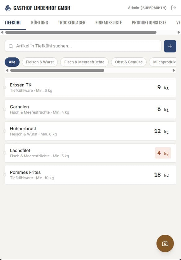 Bestandsübersicht der Lagerapp mit Artikeln, Mengen und Status